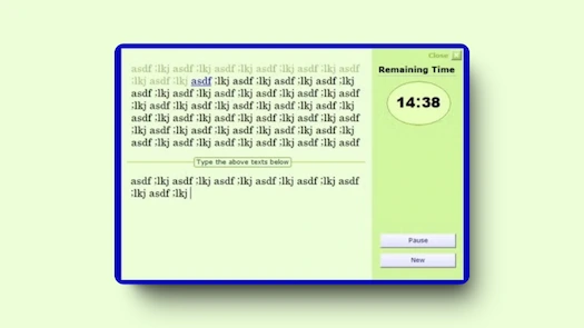 Сеанс Sonma Typing-Expert, показывающий упражнение домашнего ряда ASDF и Remaining Time 14:38