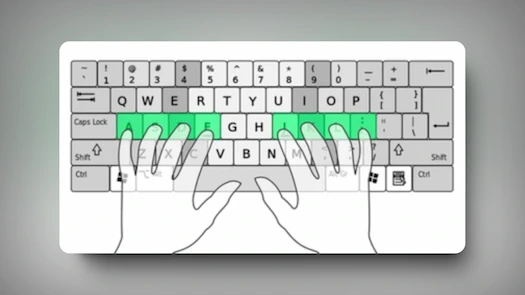 QWERTY Схема клавиатуры с выделенными клавишами главного ряда для слепого набора текста