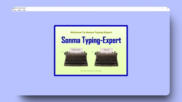 Sonma Typing-Expert welcome screen with ENGLISH and हिन्दी typewriter papers